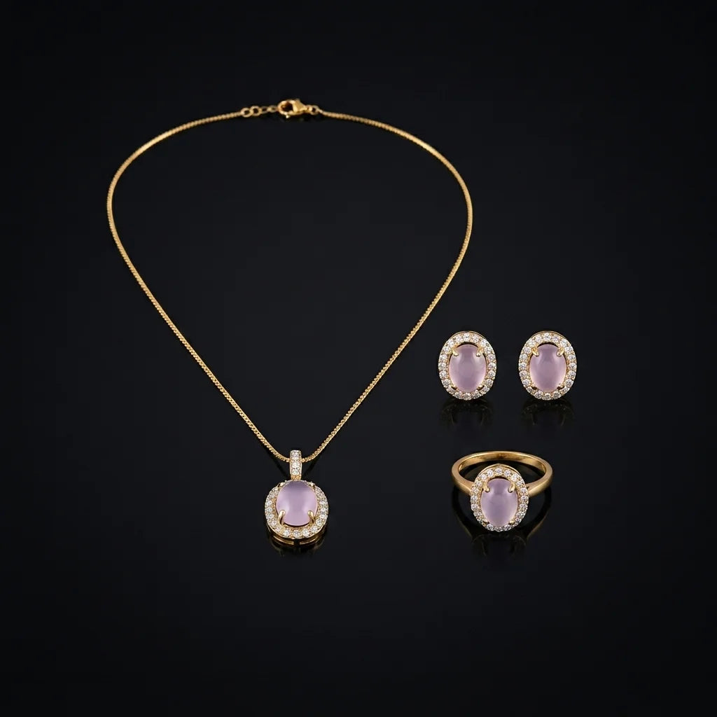 Pastel Pink Oval Halo 3-Piece Jewelry Set