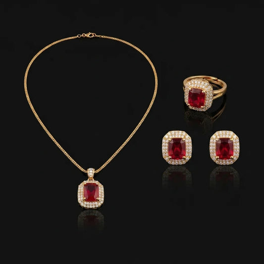 Golden Ruby Emerald-Cut Halo 3-Piece Jewelry Set