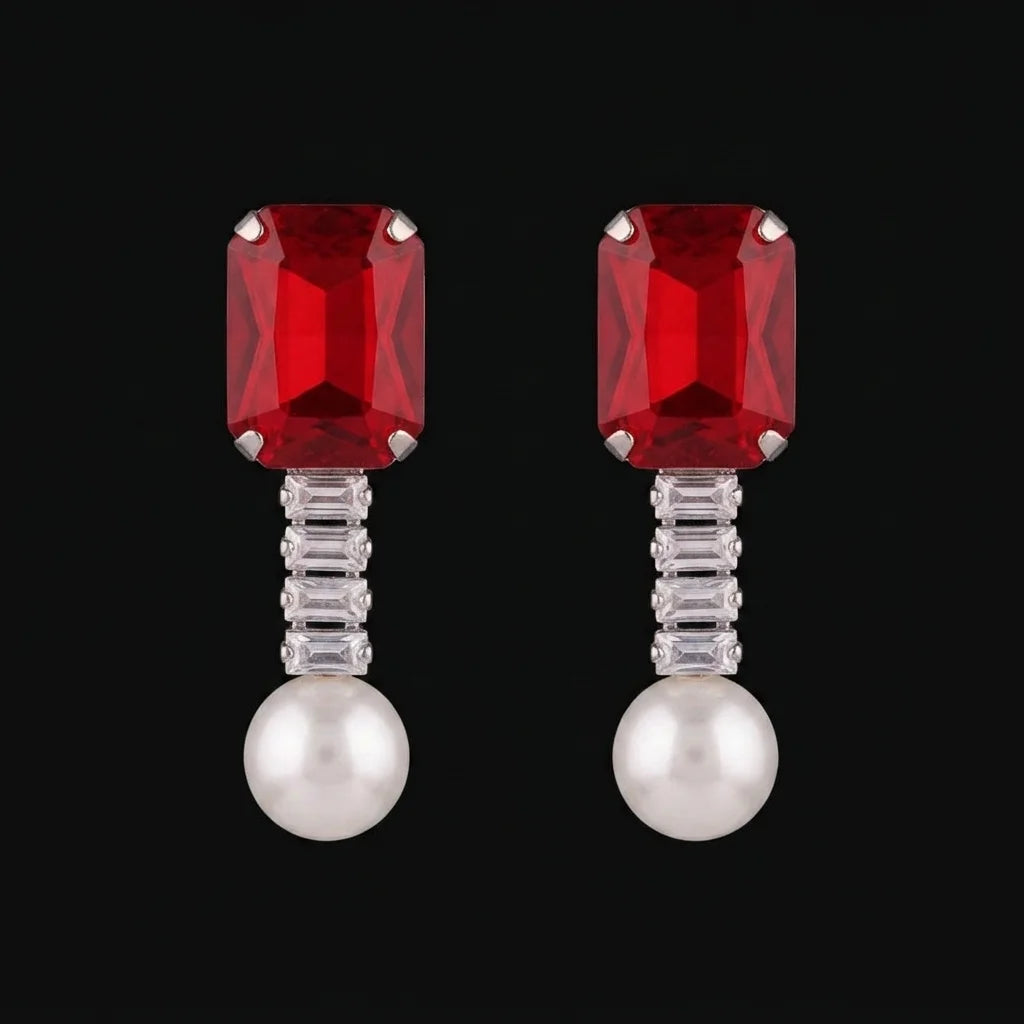 Silver Ruby Baguette and Pearl Drop Earrings