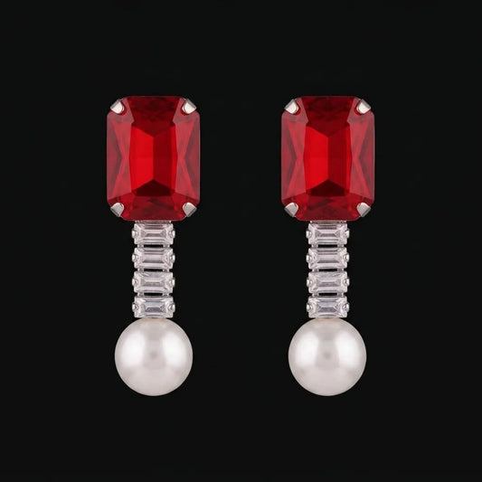 Silver Ruby Baguette and Pearl Drop Earrings