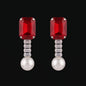 Silver Ruby Baguette and Pearl Drop Earrings