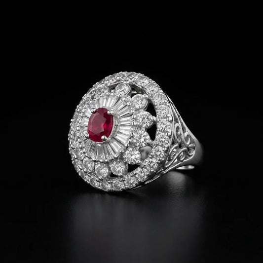 Silver Ruby and Crystal Cocktail Ring